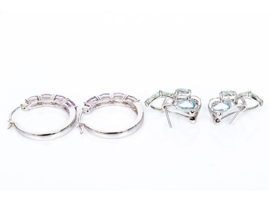 Two Pairs Of Pretty Sterling Silver Earrings, Amethyst Hoops And Blue Topaz Clusters
