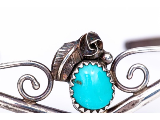 Sterling Silver Collection Of Four Cuff Style Bracelets; Two Plain Styles, Two Turquoise Set