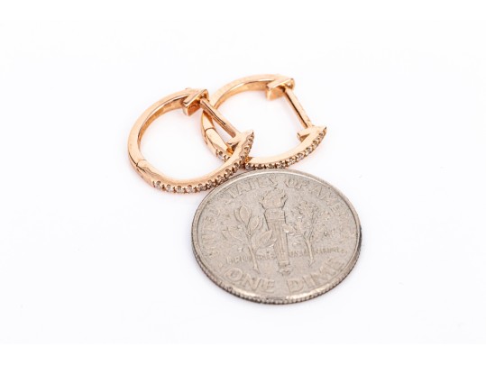 14k Rose Gold Diamond Set Narrow Hinged Hoop Earrings, App. 0.06 TCW