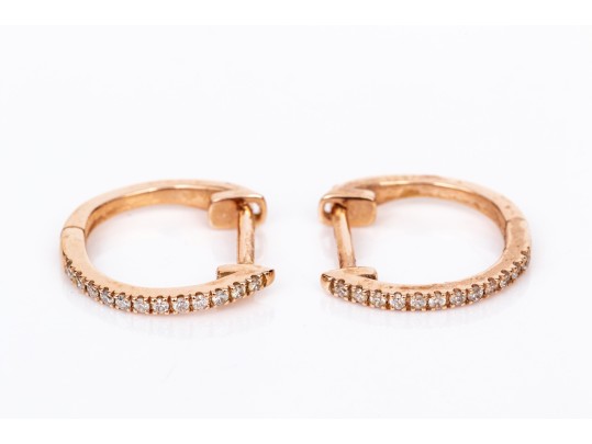 14k Rose Gold Diamond Set Narrow Hinged Hoop Earrings, App. 0.06 TCW