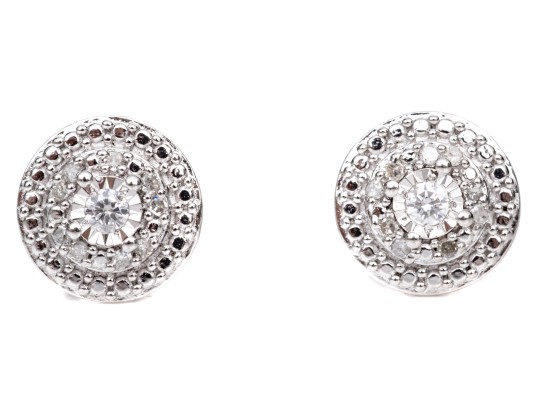 Sterling Silver Pair Of Diamond Set Cluster Stud Style Earrings, App. 0.13 TCW