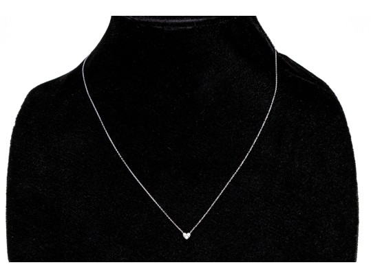 14k White Gold Fine Curb Link Chain And Tiny Pave Diamond Set Heart Necklace, App. 0.03 TCW