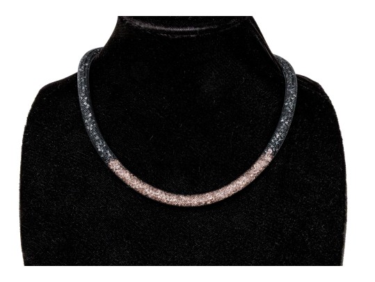 Swarovski Crystal Black And Champagne Color Crystal Filled Black Mesh Tube Necklace