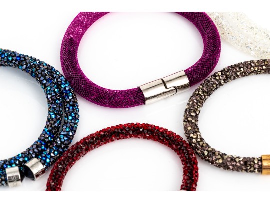 Swarovski Collection Of Five Crystal Set Bracelets, Double Tour, Cuff And Slide Lock Styles