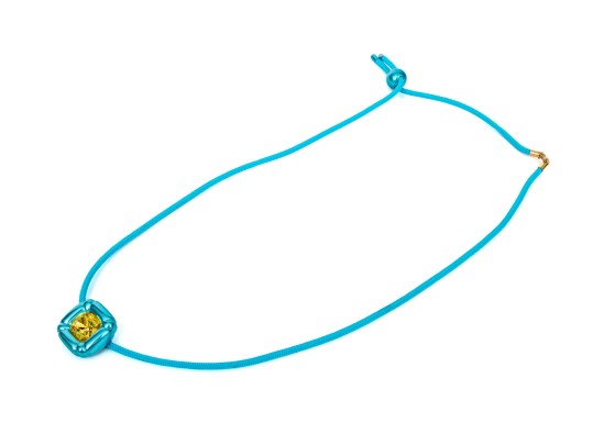 Swarovski Crystal Contemporary Blue Metallic And Cord Necklace With Yellow Crystal Center