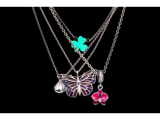 Collection Of Four Sterling Silver Whimsical Necklaces, Including A Shamrock, On Chains