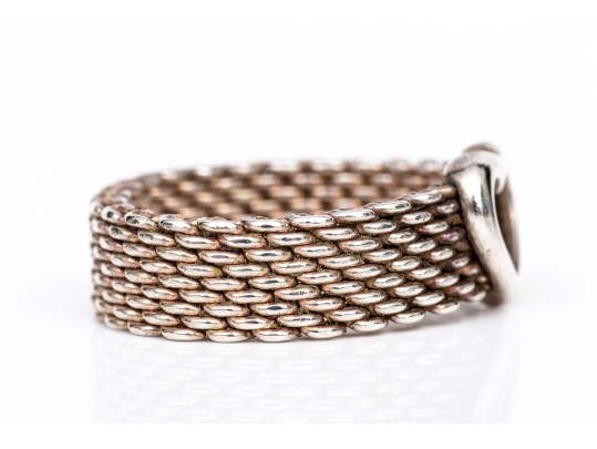 Tiffany & Co. Sterling Silver Fun 6.25 Mm Wide Heart Motif Mesh Band Ring, Size 7.5