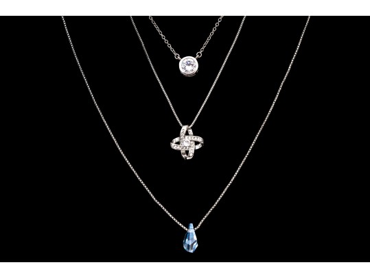 Sterling Silver Collection Of Three Cz And Crystal Set Necklaces On Chains