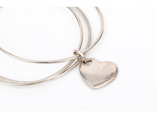 Tiffany & Co. Sterling Silver Striking Three Row Slip On Bangle Bracelet, With Heart Charm
