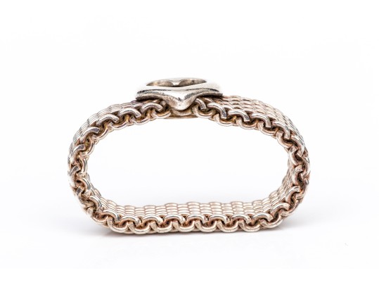 Tiffany & Co. Sterling Silver Fun 6.25 Mm Wide Heart Motif Mesh Band Ring, Size 7.5