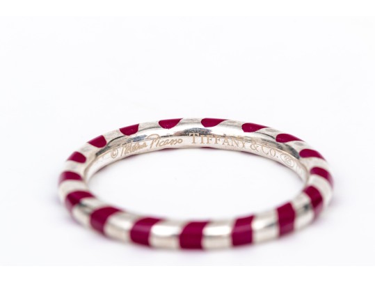 Tiffany & Co. Sterling Silver Paloma Picasso Dark Pink Enamel Candy Striped Stack Ring, Size 6