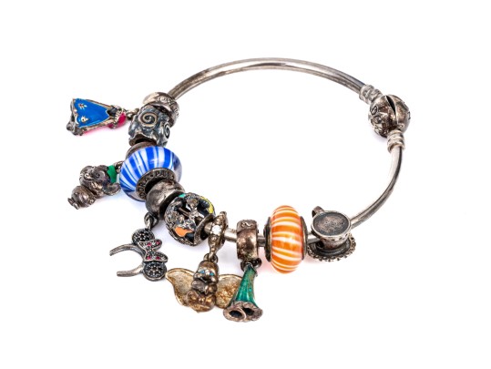 Pandora Sterling Silver Magical Disney Themed Charms, On A Sterling Bangle Bracelet
