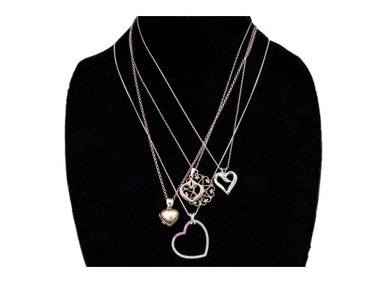 Collection Of Sterling Silver Heart Motif Pendants Plus One Heart Scatter Pin
