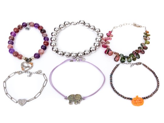Sterling Silver Collection Of Six Bracelets, Including A Pink And Green Briolette Tourmaline Style