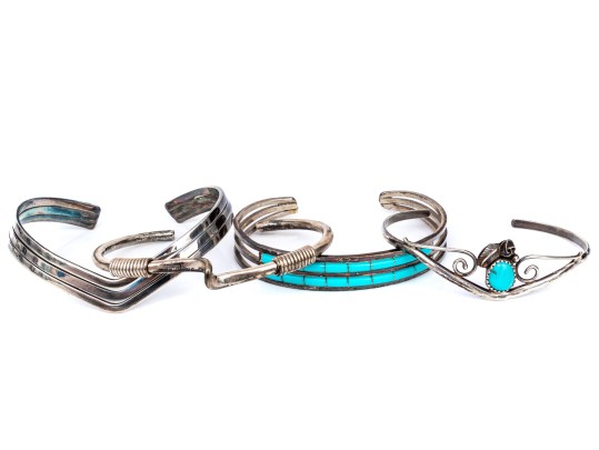 Sterling Silver Collection Of Four Cuff Style Bracelets; Two Plain Styles, Two Turquoise Set