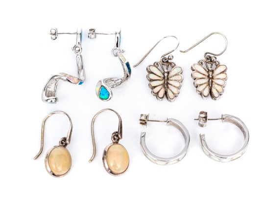 Sterling Silver Collection Of Four Opal Doublet Inlaid Drop Pendant And Hoop Earrings