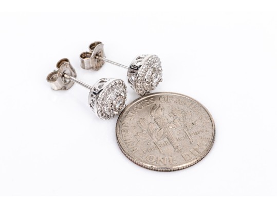 Sterling Silver Pair Of Diamond Set Cluster Stud Style Earrings, App. 0.13 TCW