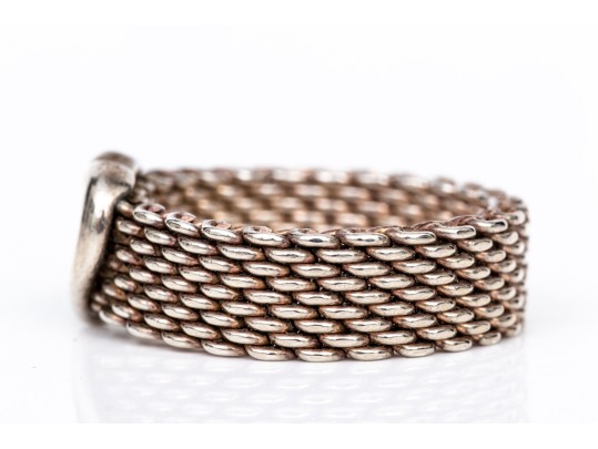 Tiffany & Co. Sterling Silver Fun 6.25 Mm Wide Heart Motif Mesh Band Ring, Size 7.5