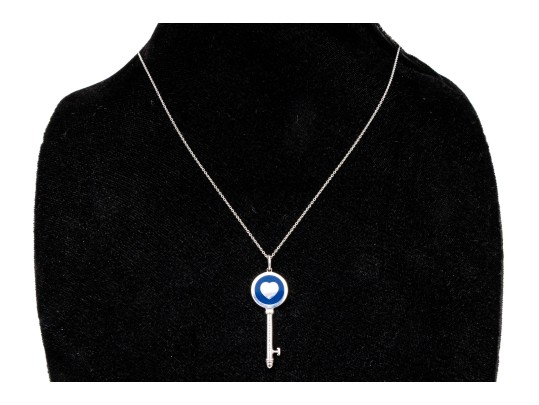 Tiffany & Co. Sterling Silver Blue Enamel Decorated Heart Tiffany Key, With Chain