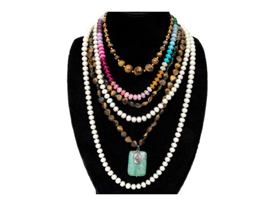 Collection Of Two Tigers Eye, One Quartz And One Cultured Freshwater Pearl Necklaces