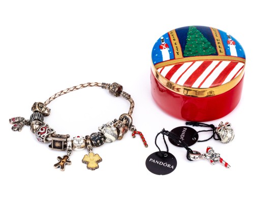 Pandora Sterling Silver Christmas Themed Charms, On A Woven Champagne Cord Bracelet