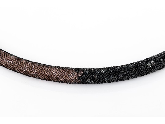 Swarovski Crystal Black And Champagne Color Crystal Filled Black Mesh Tube Necklace