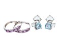 Two Pairs Of Pretty Sterling Silver Earrings, Amethyst Hoops And Blue Topaz Clusters