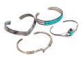 Sterling Silver Collection Of Four Cuff Style Bracelets; Two Plain Styles, Two Turquoise Set