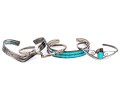 Sterling Silver Collection Of Four Cuff Style Bracelets; Two Plain Styles, Two Turquoise Set