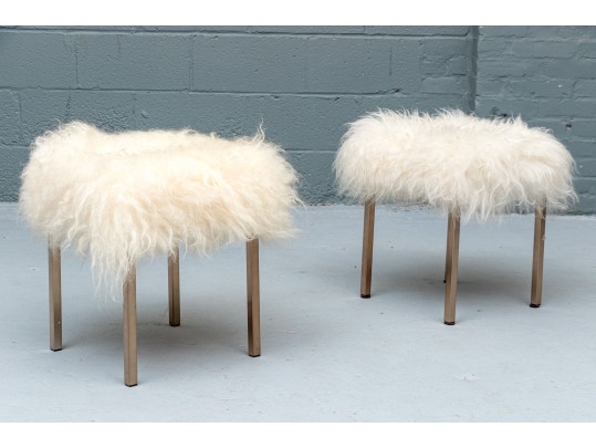 Pair Of Chic Shag Upholstered Stools