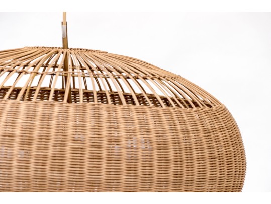 Rustic Three Light Chandelier With Cushion Form Woven Shade