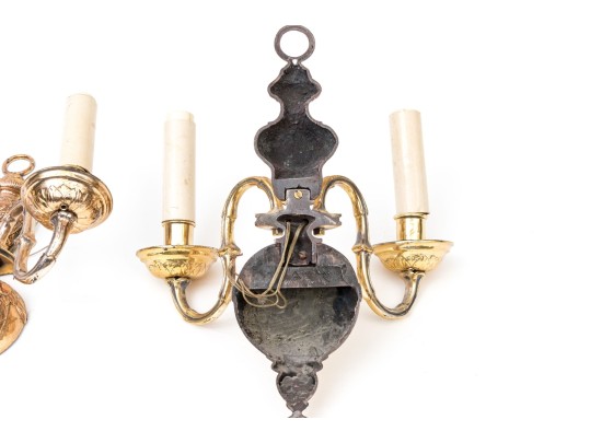 Pair Of Brass Clad Twin Light Wall Sconces - As-is