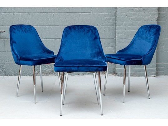 Chic Set Of Three Blue Upholstered Side Chairs