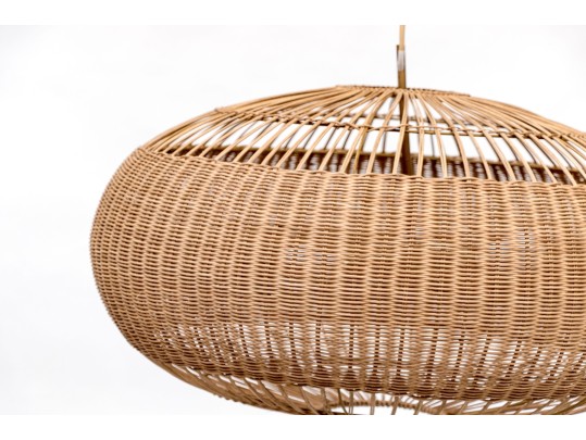 Rustic Three Light Chandelier With Cushion Form Woven Shade