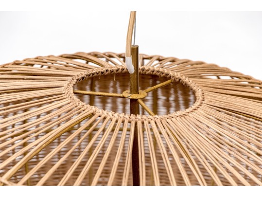 Rustic Three Light Chandelier With Cushion Form Woven Shade