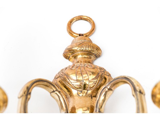 Pair Of Brass Clad Twin Light Wall Sconces - As-is