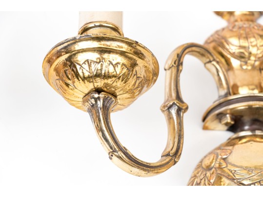 Pair Of Brass Clad Twin Light Wall Sconces - As-is