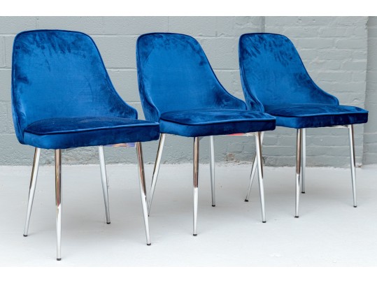Chic Set Of Three Blue Upholstered Side Chairs