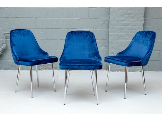 Chic Set Of Three Blue Upholstered Side Chairs