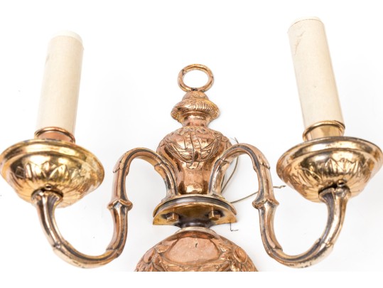 Pair Of Brass Clad Twin Light Wall Sconces - As-is