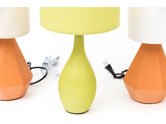 Set Of Three Intertek Ceramic Table Lamps In Green And Orange