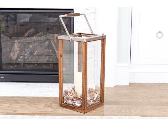 Decorative Wood, Glass, And Shell Lantern