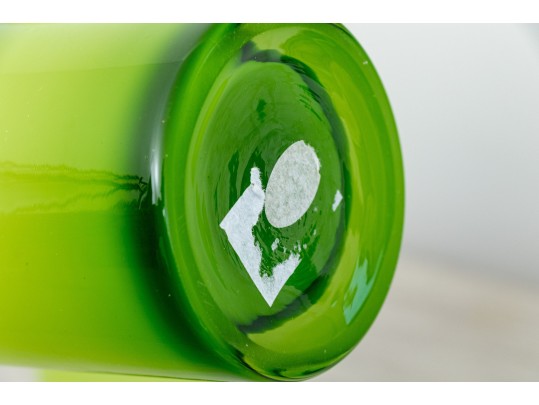 Suite Of Three Decorative Tall And Slender Green Glass Bottles / Vases