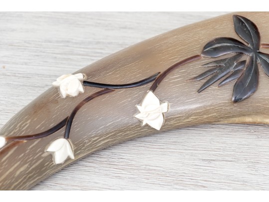 Set Of Two Decorative Carved And Embellished Water Buffalo Horns