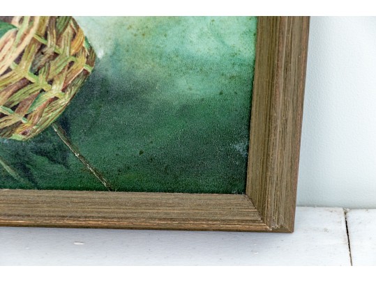 Antique Oil On Canvas, Still Life With Wicker Basket And Foliage