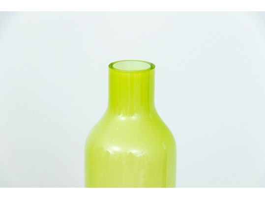 Suite Of Three Decorative Tall And Slender Green Glass Bottles / Vases