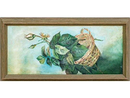 Antique Oil On Canvas, Still Life With Wicker Basket And Foliage