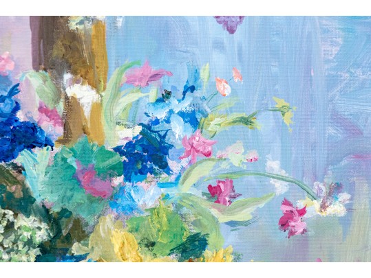 Signed Oil On Canvas, Still Life With Floral Bouquet In Green Jar