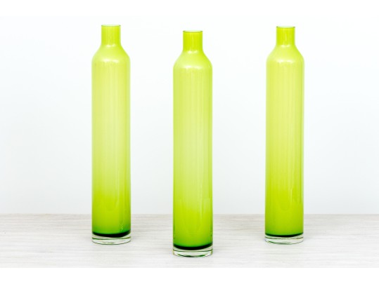 Suite Of Three Decorative Tall And Slender Green Glass Bottles / Vases