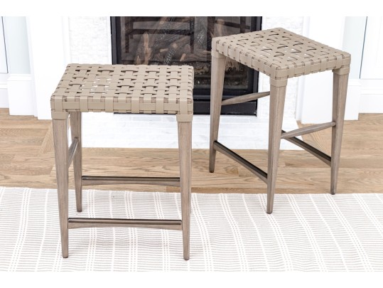 Pair Of Painted Wood And Leather Strapped Counter Stools